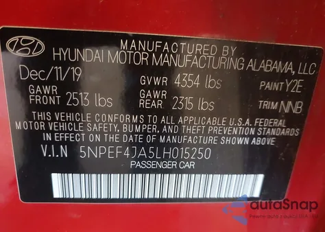 2020 Hyundai Sonata Sel z USA, uszkodzony, nr VIN 5NPEF4JA5LH015250